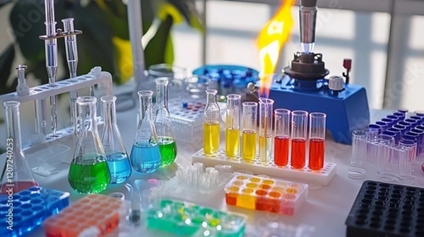 Fototapeta A science lab table with colorful liquids in test tubes, beakers, and a Bunsen burner