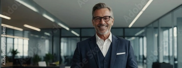 Obraz A confident 50-year-old businessman smiling while holding a digital tablet in a sleek office