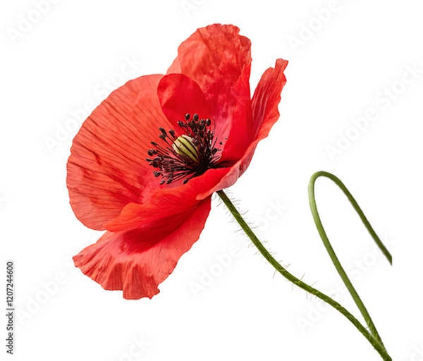 Fototapeta A single red poppy blossom with delicate petals isolated on a white background PNG.AI GENERATED
