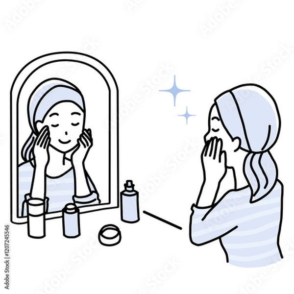 Fototapeta Minimalist duotone illustration of a young woman doing skin care in front of the mirror. Self care concept.  Simple kawaii line art.