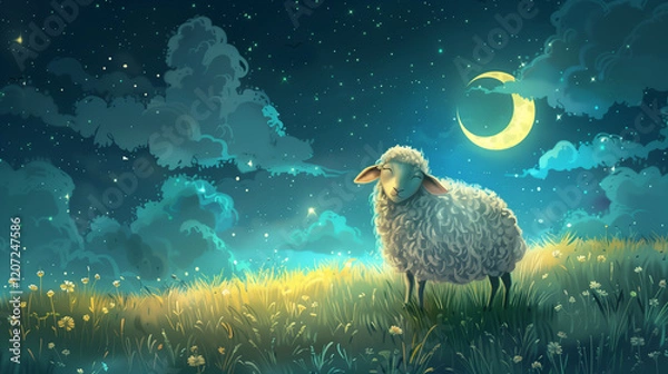 Obraz Cartoon Sheep in a Field of Flowers, Eid al adha.