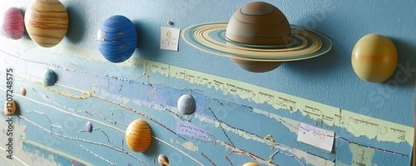 Fototapeta A solar system chart pinned on a wall with colorful diagrams of planets and orbits