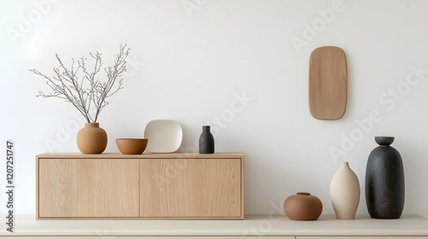 Fototapeta Minimalist and clean living room interior featuring a natural wood cabinet displaying simple decorative items like vases and bowls set against a bright white wall for a modern and peaceful aesthetic