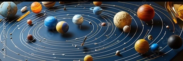 Fototapeta A solar system model with planets and their orbits displayed on a science project board