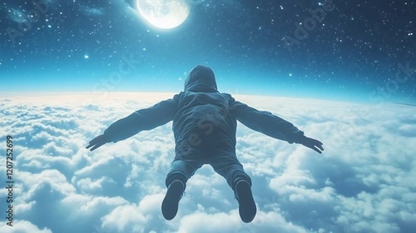 Obraz Child Floating in Space Surrounded by Clouds and a Bright Moon