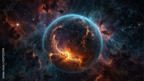 Obraz A 360-degree spherical projection of a deep space nebula, filled with bright stars and cosmic clouds