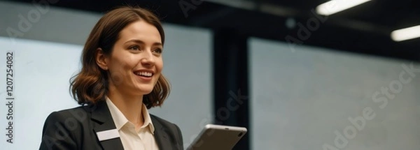 Obraz A businesswoman at a tech event, confidently presenting the latest in AI services, engage with the audience