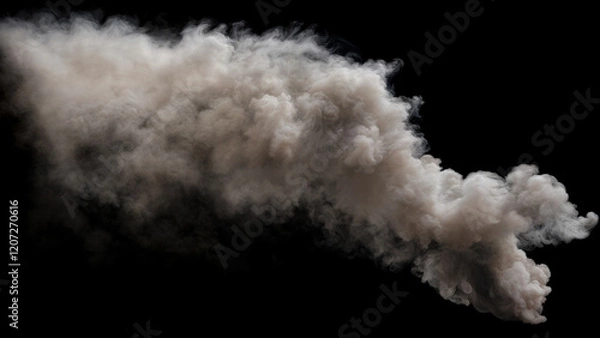 Fototapeta Dense and Large Plume of billowing Smoke with lots of turbulances and varying shades of gray and white spreading out on a Black Background