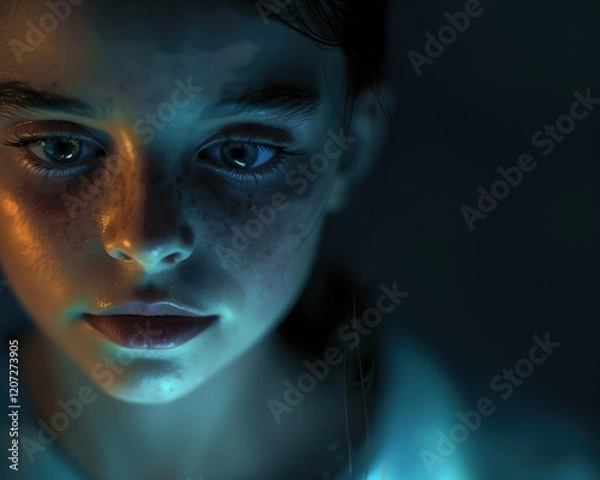 Fototapeta A closeup portrait of a young girl illuminated by the glow of a smartphone screen in a dark room. Smartphone and social media addiction. Cyber risk and teenager