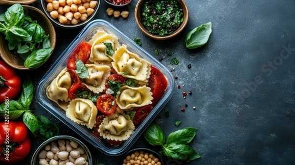 Fototapeta This image captures an artful display of tortellini pasta mixed with fresh ingredients, showcasing vibrant colors and textures perfect for food lovers.