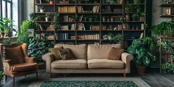 Fototapeta Sofa in a boho style, with lots of plants and bookshelves around it. The sofa is a beige color, and the room has a wooden floor and walls decorated with a dark green patterned carpet. 