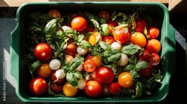Fototapeta This image showcases a vivid arrangement of ripe tomatoes nestled among fresh basil leaves, highlighting the beauty of natural ingredients and their rich colors.