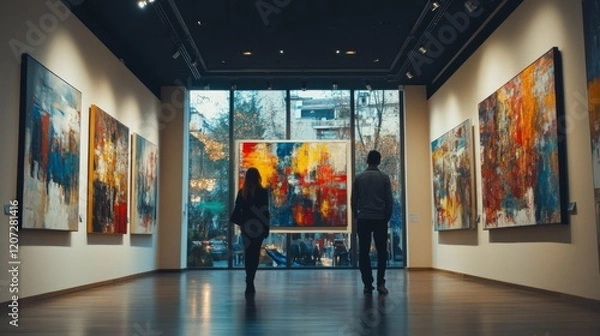 Fototapeta Couple admiring vibrant abstract paintings in modern art gallery