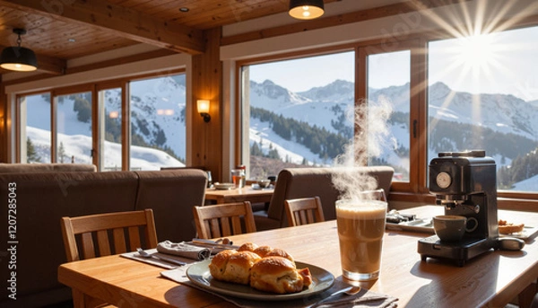 Fototapeta Cozy mountain cafe with steaming coffee and snowy views, winter warmth