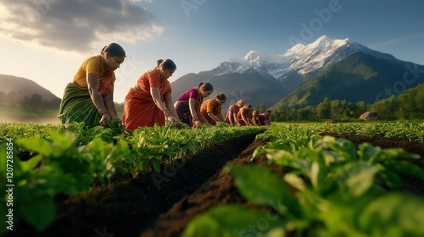 Obraz Indian Rural Women Working in Green Fields with Himalayan Mountains in Background