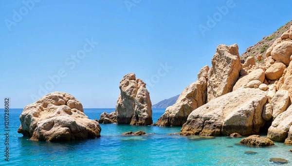Fototapeta Majestic rocks rising from azure seaside, nature's splendor