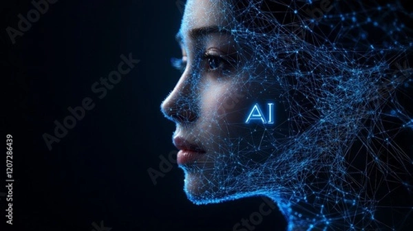 Fototapeta Polygonal human face with AI digital elements. Ideal for robotics, AI-powered tools, and tech industry websites.