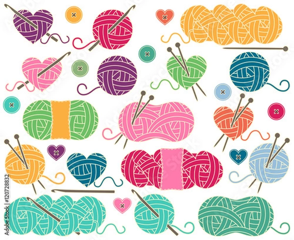 Obraz Cute Vector Collection of Balls of Yarn, Skeins of Yarn or Thread for Knitting and Crochet