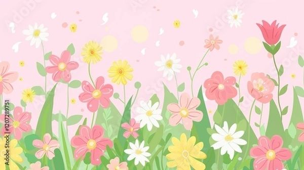 Obraz A charming spring background adorned with an array of spring flowers and delicate daisies. The vibrant colors and sweet scents of these blossoms create a refreshing and inviting atmosphere