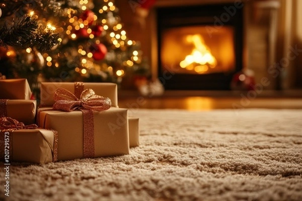 Obraz Cozy family holiday scene with presents by the fireplace warm living room festive atmosphere close-up view