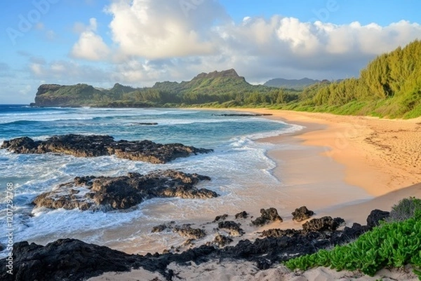 Obraz Tranquil Beach Landscape with Rocky Shoreline and Lush Green Hills in the Background at Sunset on an Idyllic Tropical Island