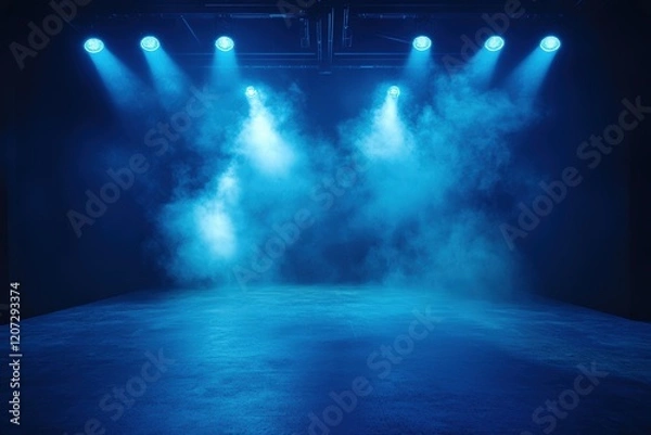 Fototapeta Illuminated performance stage with blue lighting dark atmosphere stage design dramatic environment creative viewpoint