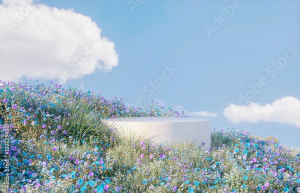 Fototapeta Abstract spring flowers landscape scene with white podium and soap bubbles. 3d rendering.