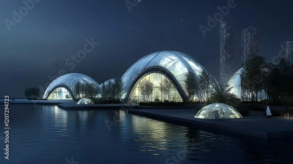 Obraz A large building with a dome on top is lit up at night. The building is surrounded by trees and water