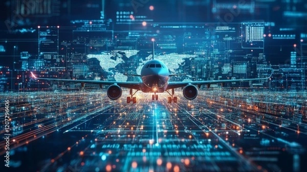 Obraz Airplane Approaching City at Night with Futuristic Digital Overlay