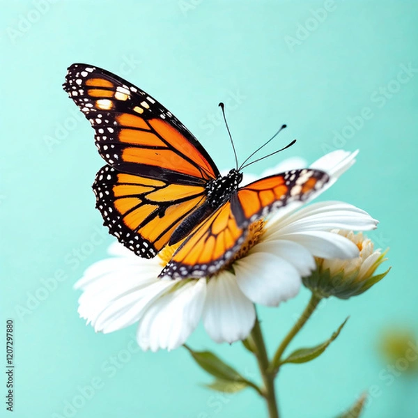 Fototapeta A butterfly is perched on a white flower. Concept of tranquility and beauty, as the delicate butterfly rests on the vibrant flower. The combination of the butterfly's bright colors