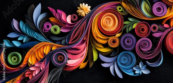 Obraz A detailed shot of a paper quilling art piece with vibrant colors and intricate spiral patterns on a black velvet background.