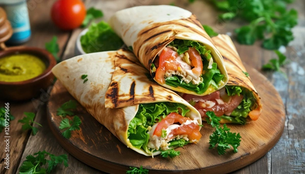 Fototapeta A grilled wrap, sliced and served, filled with fresh leafy greens, tomato slices, and a flavorful savory filling, styled for a modern and appealing presentation.