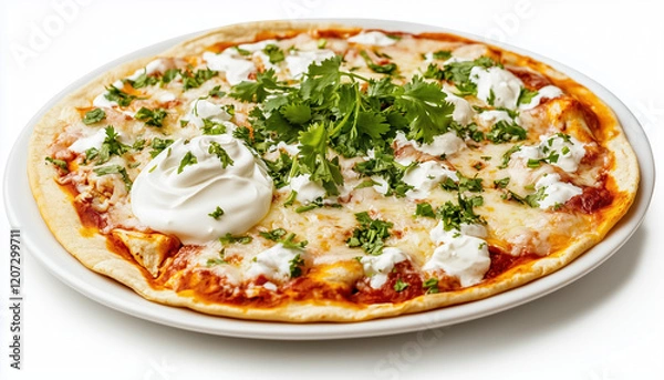 Fototapeta Savory enchiladas crowned with cheese, sour cream, and fresh cilantro on a white background.