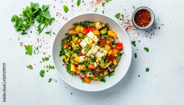 Fototapeta Fresh Greek Salad with Feta Cheese and Vibrant Vegetables in a White Bowl on White Background