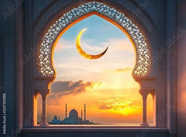 Fototapeta Arabic window with a mosque and crescent moon in the sky on a sunset background, Ramadan Kareem concept banner design. 