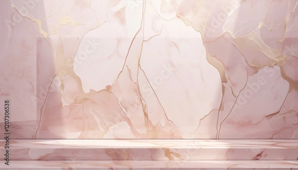 Fototapeta Pink and white product mock up scene, soft rose marble backdrop with a gold veins
