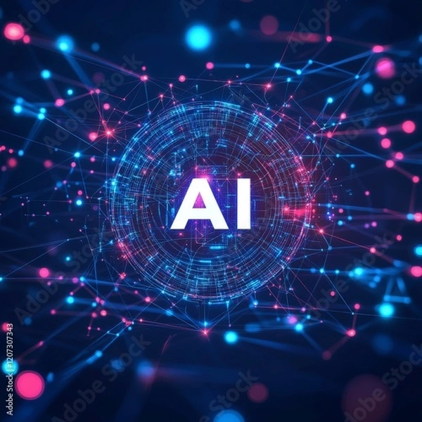 Fototapeta Abstract digital AI concept with futuristic blue circuitry design. Perfect for technology blogs, AI startups, and educational presentations.