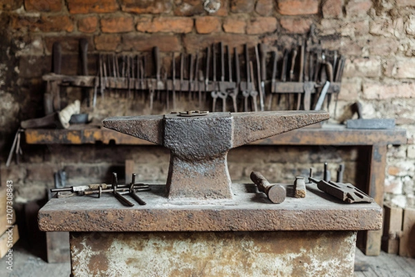 Obraz Blacksmith at Work with metal Hammer and Anvil, Creating Sparks in Traditional Forge, Generative AI photo