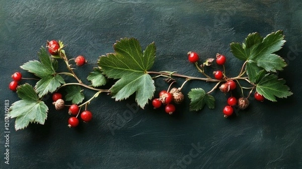 Fototapeta Red hawthorn berries, including one partially eaten, with weathered green leaves showing signs of late summer in a Dutch hedgerow.
