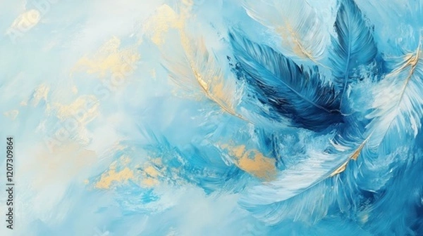Fototapeta Blue feathers abstract art, gold accents, swirling background, website banner
