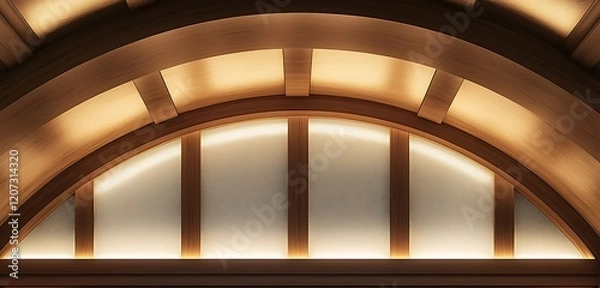 Fototapeta Arched ceiling with a blend of natural wood and frosted glass panels, illuminated by soft ambient lights, isolated background