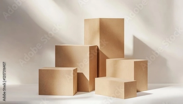 Fototapeta Cardboard box quartet, varying sizes, photorealistic on white.