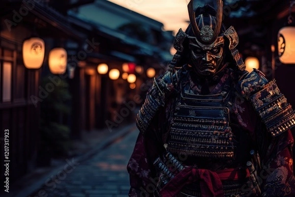 Fototapeta Samurai in traditional armor walking through a historic Japanese street at dusk, illuminated by lanterns, showcasing culture, heritage, and ancient history.