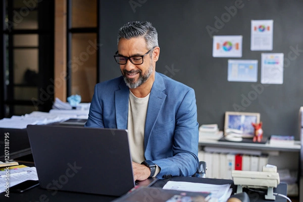 Fototapeta Successfull middle eastern man using laptop at work