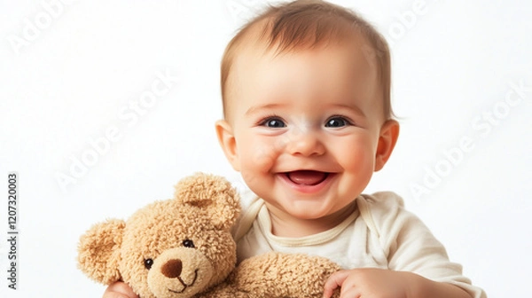 Fototapeta Adorable smiling baby holding a teddy bear on a soft white background, with a joyful expression