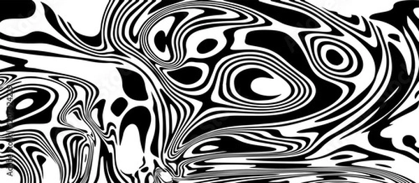 Obraz Abstract wavy line psychedelic background. Vector black and white hypnotic twirl. Twisted waves optical Illusion pattern. Retro Y2k aesthetic groovy distorted swirl pattern. Hippie 70s background