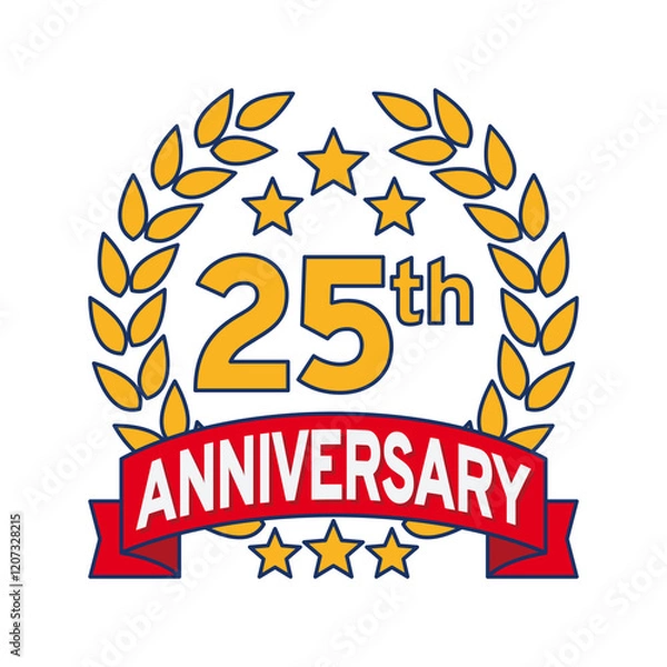Fototapeta Vector illustration of 25th or 25 years anniversary logo featuring a laurel wreath, stars, and ribbon. Perfect for marking milestones, achievements, special events with an elegant and timeless desi