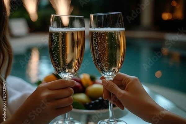 Obraz Taste this. A woman grips a table laden with sweets and alcohol drinks, where a white plate with berries and marshmallows resides