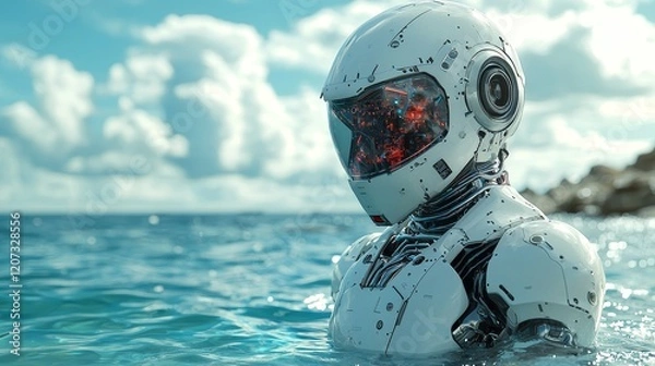 Fototapeta A futuristic humanoid robot emerging from tranquil water under a cloudy sky, blending technology and nature harmoniously