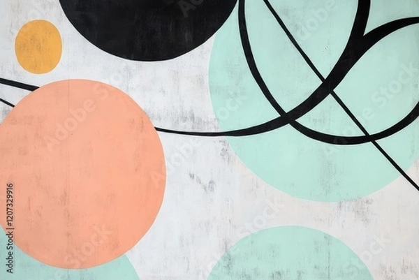 Fototapeta Abstract wall art featuring colorful geometric shapes, including circles and lines, creating a modern design perfect for contemporary interiors or creative spaces.